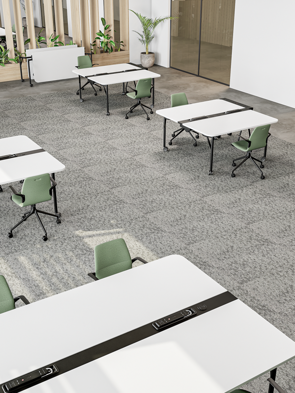 An installation image featuring the Folding Surfaces tables, AS100 chairs and power horses