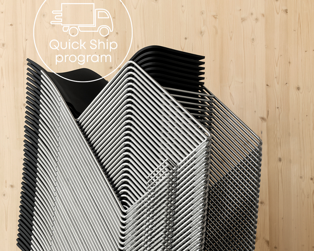A stack of 40/4 plastic chairs on a wooden background with a white "quick ship program" logo with a truck